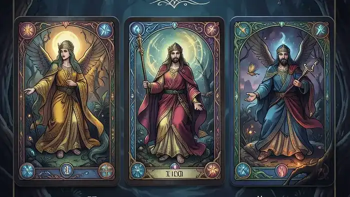 Расклад Таро на три карты: Император, Два Мечей и Шут лежат на бархатной ткани, иллюстрирующий пример чтения для карьеры.