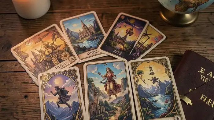 Расклад Таро «на все сферы жизни» на карьеру за границей, карта с изображением глобуса и паспорта