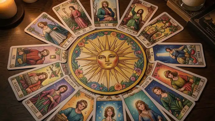 Расклад Таро на все сферы жизни на лотерею – карта Солнца в центре, окружённая 12 карт