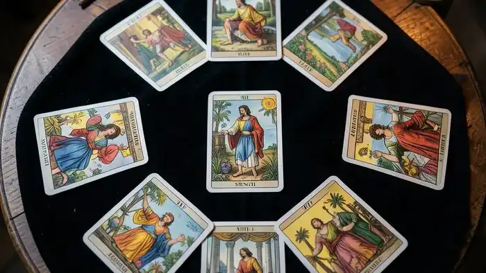 Расклад Таро на все сферы жизни - Колесо жизни из карт на столе с центральной картой Сила