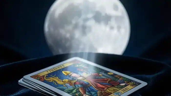 Расклад Таро на одну карту на полнолуние — колода и лунный свет на столе для гадания