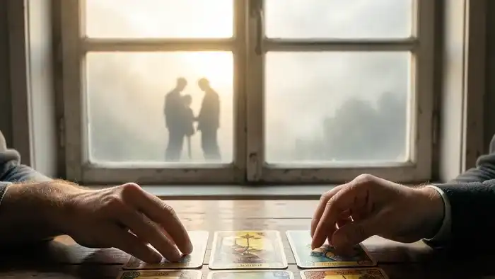 Расклад Таро Окно в будущее на гражданский брак: руки раскладывают карты перед старинным окном, символизирующим взгляд в перспективу отношений.