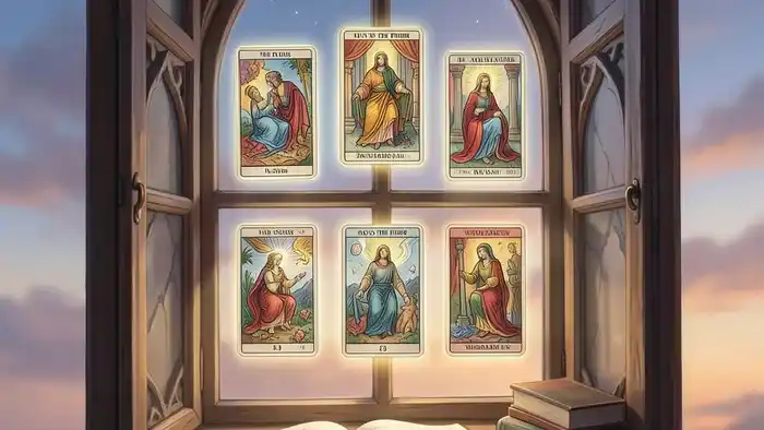 Расклад Таро Окно в будущее на стипендию - схема расположения шести карт в окне с академическими атрибутами