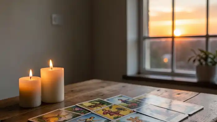 Расклад Таро «окно в будущее» на йогу – изображение студии йоги с картами Таро у окна