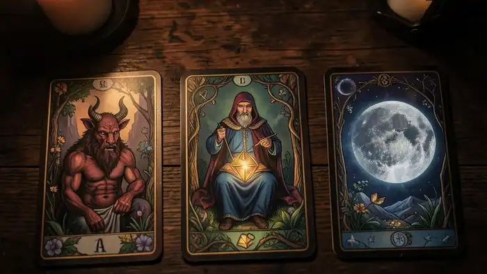 Расклад Таро «он и она» на мошенничество – карты Дьявол, Туз Пентаклей, Луна
