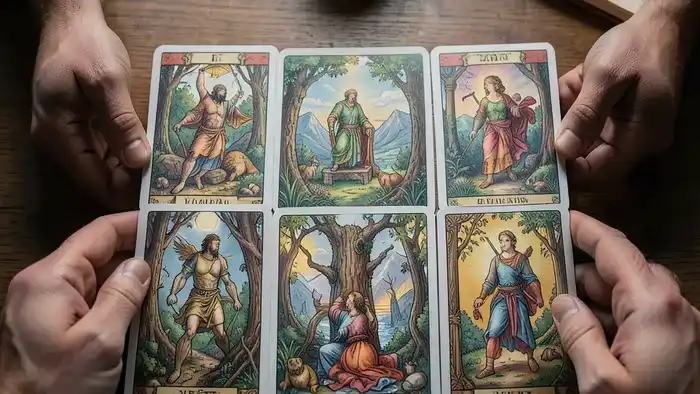 Расклад Таро Он и Она — семь карт, выложенных на столе, символизирующих анализ партнерского решения