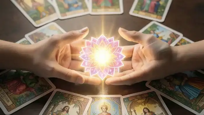 Расклад Таро «Он и Она» на таланты: символ синергии между руками на фоне карт