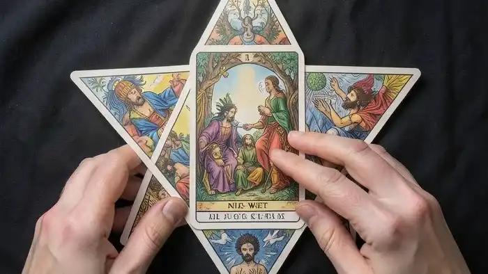 Расклад Таро Пентаграмма на тревожность: пять карт в форме звезды на тёмной ткани