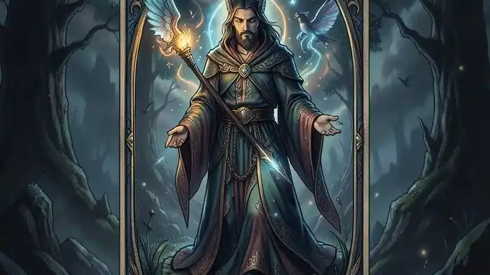 Расклад Пентаграмма Таро: пять карт и одна в центре выложены по углам серебряной пятиконечной звезды на тёмном фоне