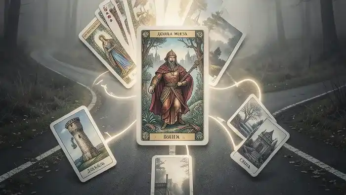 Расклад Таро Перекресток на конфликт в паре: схематичное изображение расходящихся дорог с картами на них
