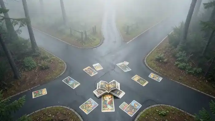 Расклад Таро Перекресток на возврат любимого — колода карт на перепутье лесных дорог как символ выбора в отношениях