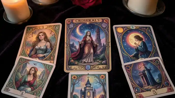 Расклад Таро «перекресток» на запретную любовь, изображение карт на столе