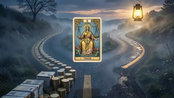 Расклад Таро Перекрёсток на налоги: символическое изображение развилки дорог с атрибутами финансов и картой Таро в центре.