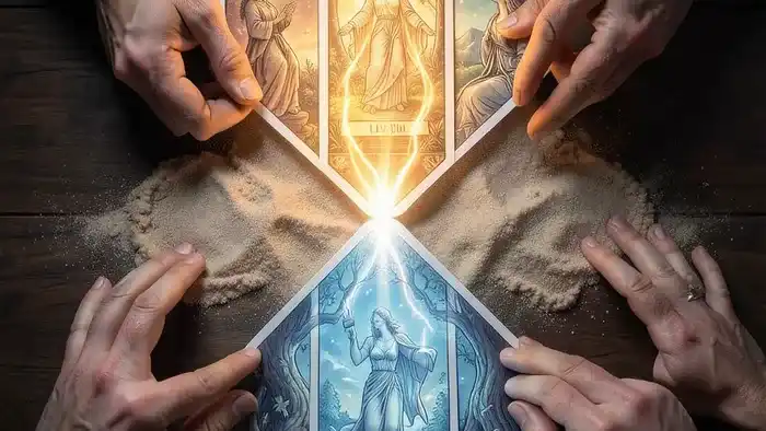 Расклад Таро Песочные часы на будущее отношений: схема из семи карт в форме песочных часов на деревянном столе