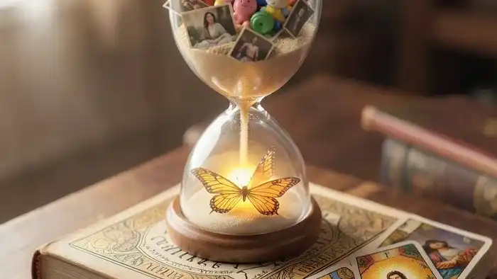 Расклад Таро Песочные Часы на детей — символическое изображение часов с атрибутами детства и картами Таро