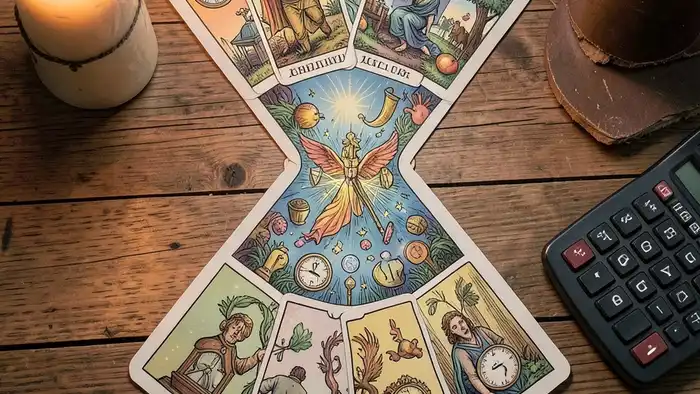 Расклад Таро «песочные часы» на налоги – изображение часов, карт и финансовых символов