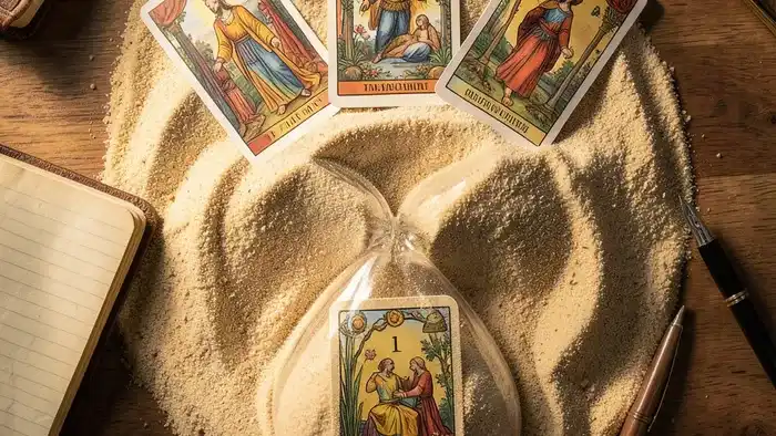 Расклад Таро Песочные часы на публичность: схема из карт вокруг песочных часов на деревянном столе