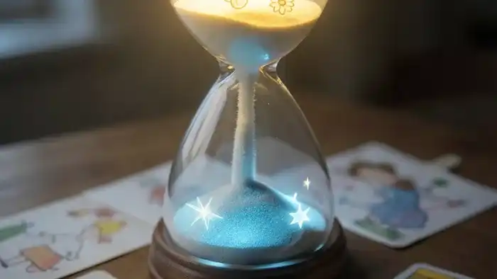 Расклад Таро Песочные часы на ребенка: магические песочные часы и карты Таро на фоне детских рисунков, символизирующие прошлое, настоящее и будущее.