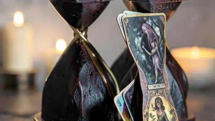 Расклад Таро "песочные часы" на тайну в отношениях — схема с картами и символами глубокой рефлексии