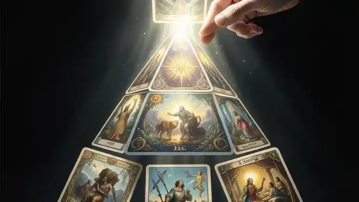 Расклад Таро Пирамида на кризис среднего возраста — схема из 10 карт в форме светящегося треугольника на тёмном фоне