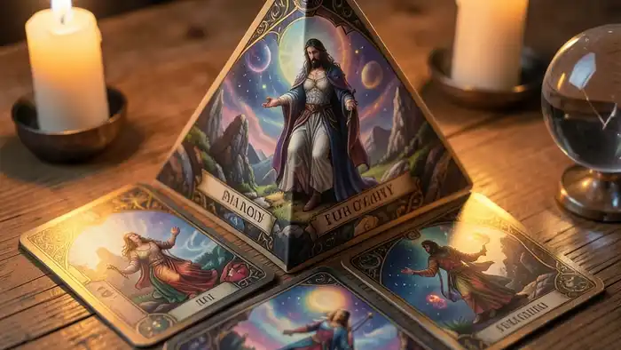 Расклад Таро «пирамида» на потерянную вещь, карта в центре, свеча, кольцо