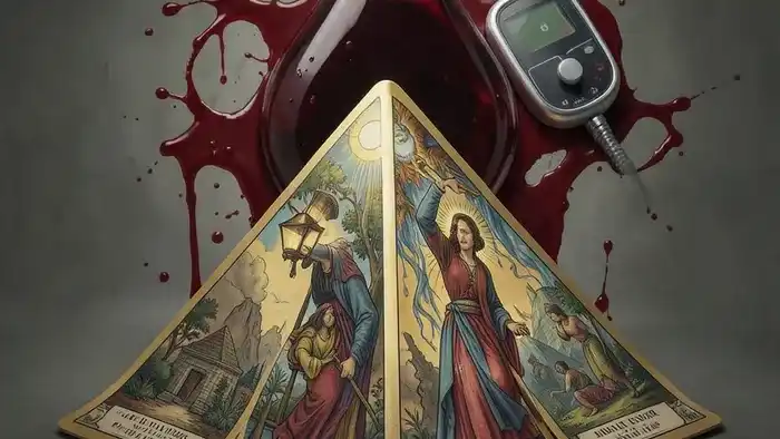 Расклад Таро Пирамида на сахарный диабет — схема из семи карт в форме треугольника на фоне символов здоровья