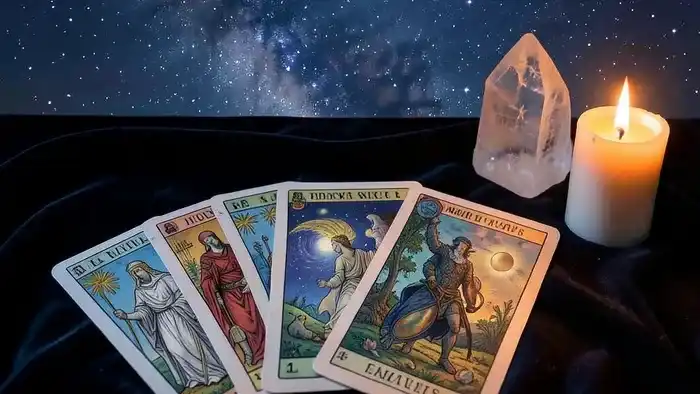 Расклад Таро Планетарный на новолуние: карты, свеча и кристаллы под звёздным небом с молодой луной.