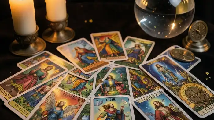 расклад таро плюс оракул – визуальная композиция с картами Таро и оракульными символами