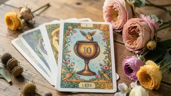 Расклад Таро Подкова на прощение: карты, выложенные в форме подковы на деревянной поверхности