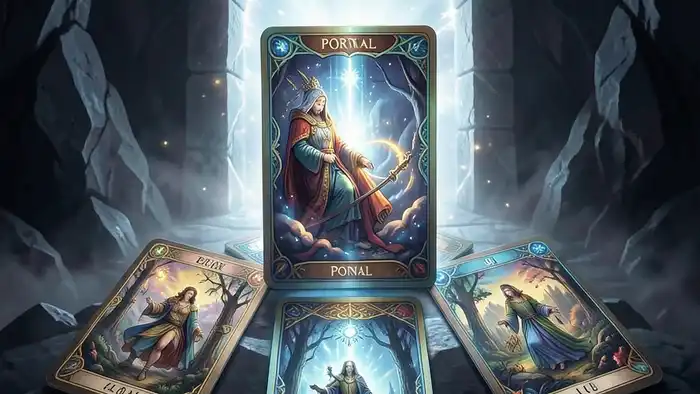 Расклад Таро «портал» на отпускание прошлого, изображение светящегося портала и карт