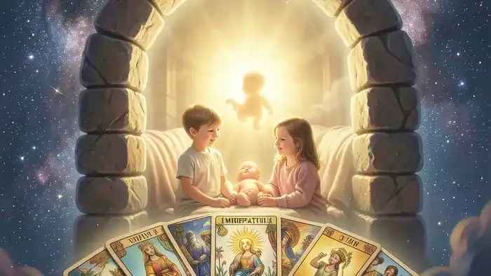 Расклад Таро Портал на третьего ребенка — мистическая арка как символ перехода и карты Императрица, Солнце, Шут