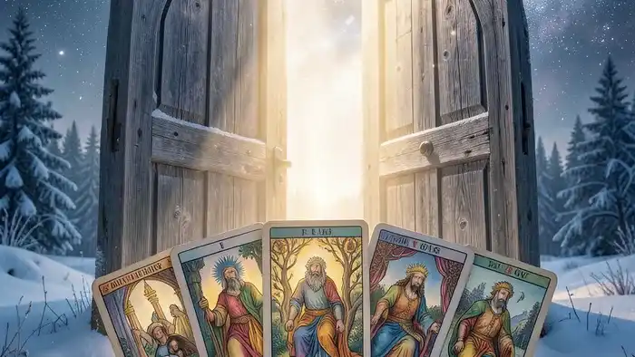 Расклад Таро Портал на январь — семь карт у входа в дверь в зимний пейзаж