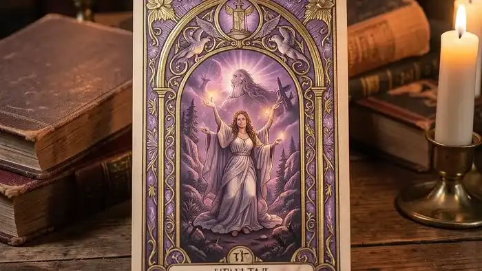 Расклад Таро «Портал» на столе с картами и книгами, иллюстрирующий решение об обучении