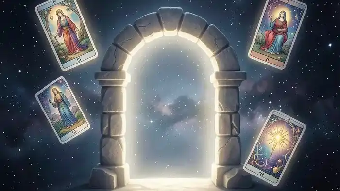 Расклад Таро Портал - мистический портал со светящимися картами Таро вокруг, символизирующий переход и ожидание