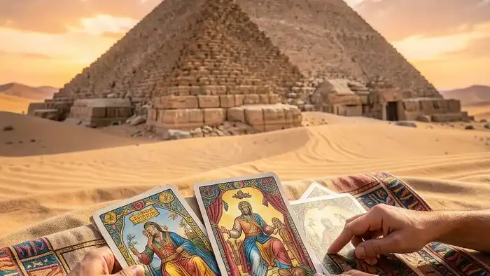 Расклад Таро Послание Вселенной на Египет — схема из пяти карт в форме пирамиды на фоне древнеегипетского пейзажа
