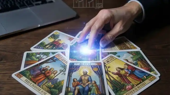 Расклад Таро Послание Вселенной на MBA — семь карт, выложенных по схеме на фоне символов бизнеса и учебы.