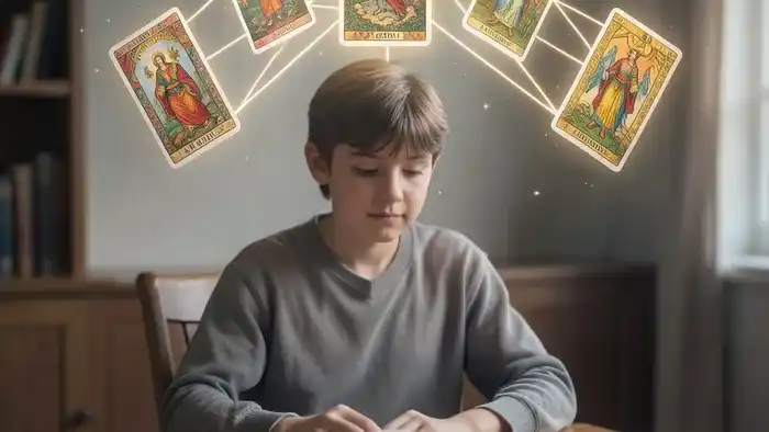 Расклад Таро Послание Вселенной на школьные проблемы: подросток и парящие карты как ключ к пониманию трудностей в учебе.