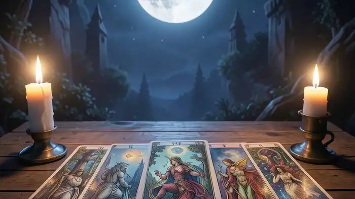 Расклад Таро «послание Вселенной» на полнолуние – мистическая сцена с полной луной и картами