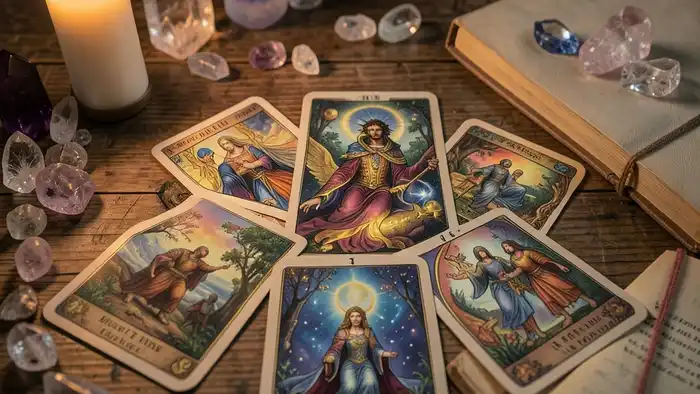 Расклад Таро «послание ��селенной» на с��оле с свечой и кристаллами