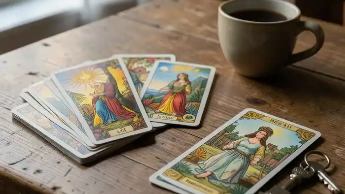 Расклад Таро Послание Вселенной на переезд: карты Звезда и Императрица на столе с картой и ключами