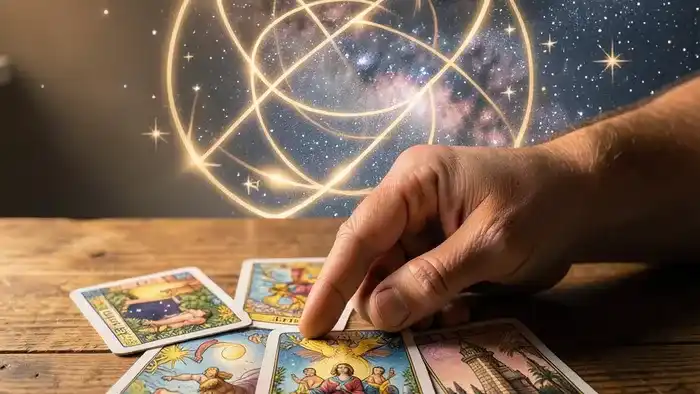 Расклад Таро Послание Вселенной для решения дилеммы в браке — рука раскладывает карты Сила, Четверка Кубков и Башня
