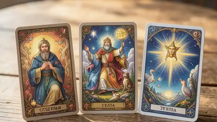 Расклад Таро прошлое настоящее будущее на духовный рост с картами Отшельник, Сила и Звезда