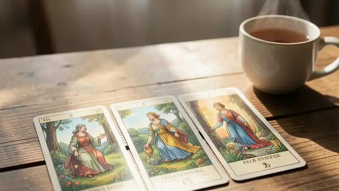Расклад Таро «прошлое настоящее будущее» на утреннюю рутину, утренний стол с картами
