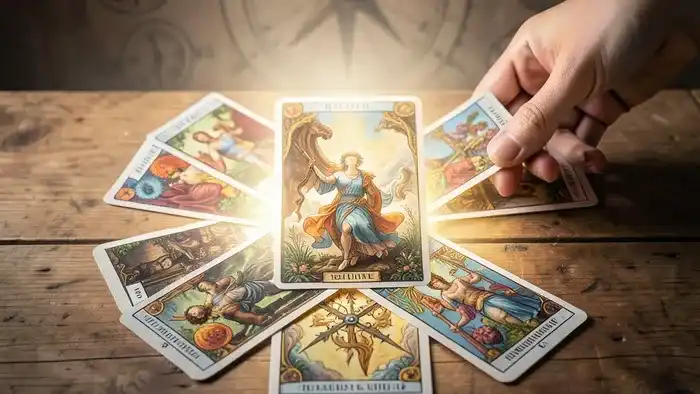 Расклад Таро Простой крест на предназначение: пять карт, выложенных в форме креста на деревянной поверхности