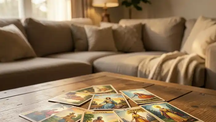 Расклад Таро «путь героя» на гармонию в доме — изображение уютной гостиной с разложенными картами