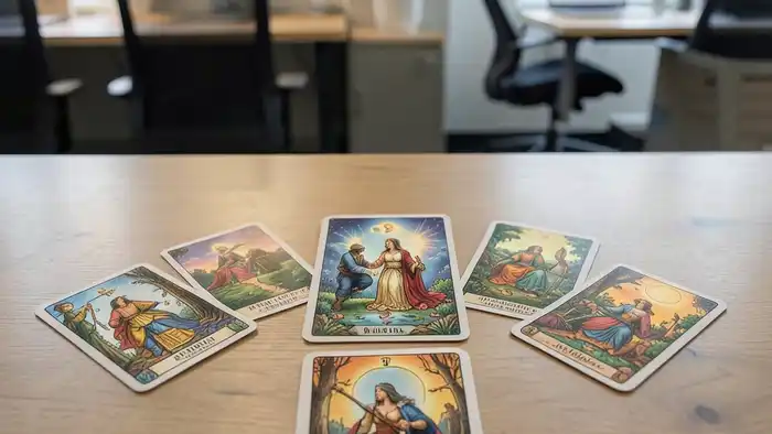 Расклад Таро путь героя на отношения с руководством – карта на столе в офисе