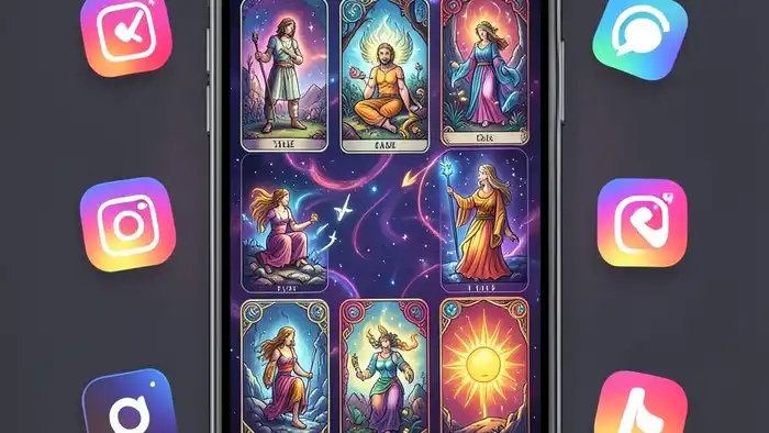 Расклад Таро путь героя на экране смартфона с символикой соцсетей