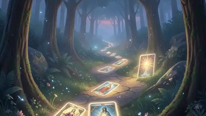 Расклад Таро Путь — символическое изображение духовного пути в виде тропы в лесу с картами Таро как вехами.