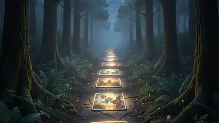 Расклад Таро Путь — символическая иллюстрация пути из семи карт через лес к светящейся цели