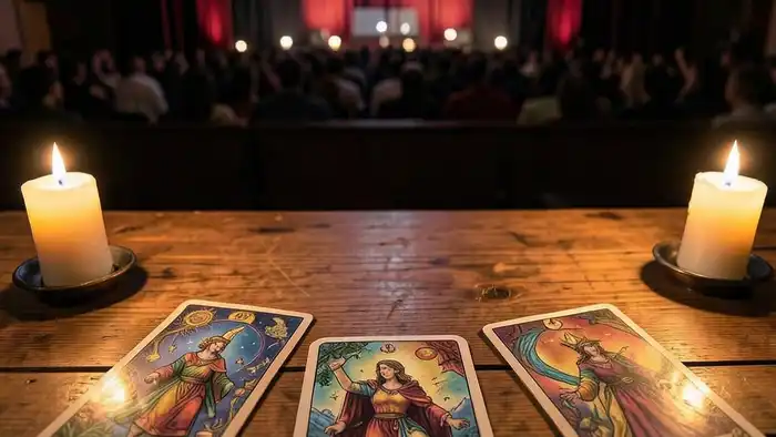 Расклад Таро путь на публичность — карта на столе с свечами